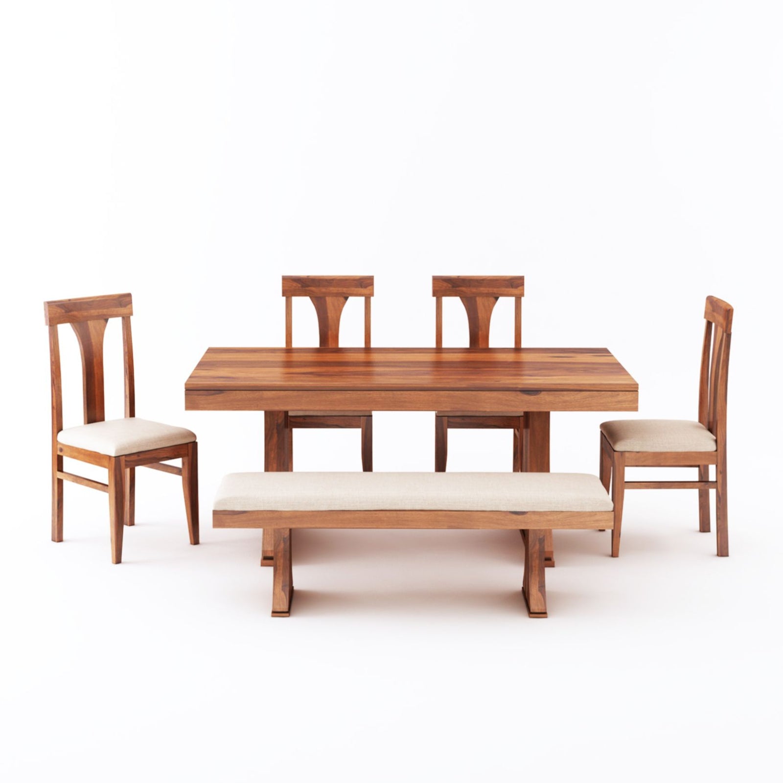 Betel Sheesham Wood Dining Table 6 Seater with Bench - Natural Finish