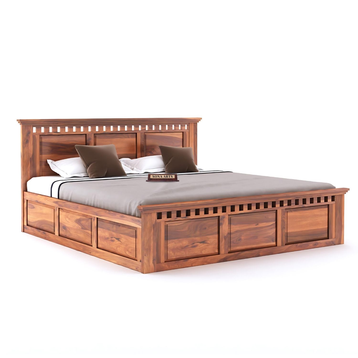 Kuber Queen Size Bed With Box Storage, Wardrobe & Two Bedside Tables - Natural Finish