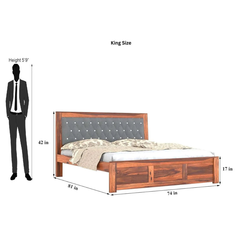 Zeus Solid Sheesham Wood King Size Bed without Storage & 2 Bedside Tables - Natural Finish
