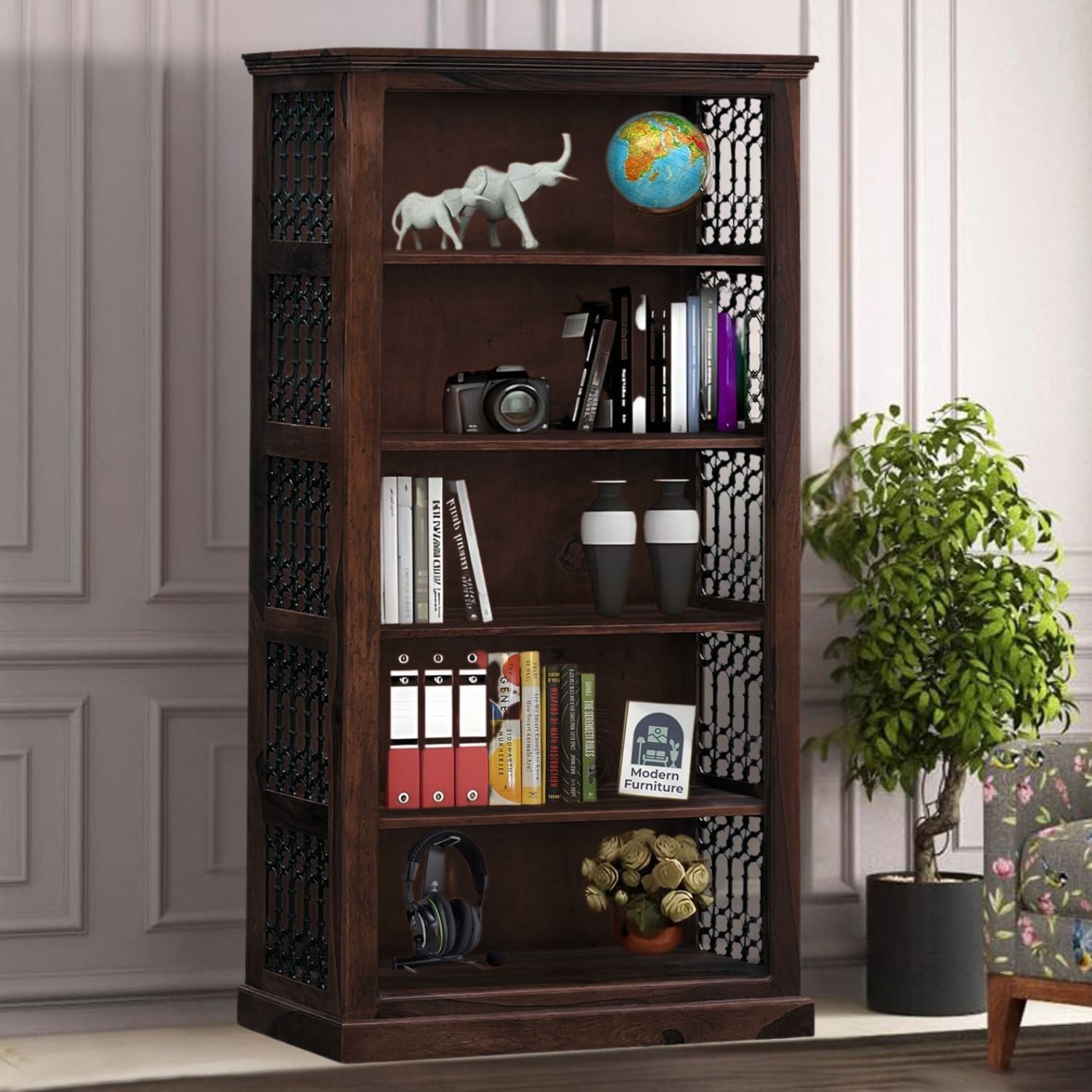 Solid Sheesham Wood Open Bookshelf 5 Shelf - Walnut