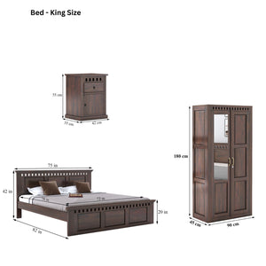 Kuber King Size Bed without Storage, Wardrobe & Two Bedside Tables - Walnut Finish
