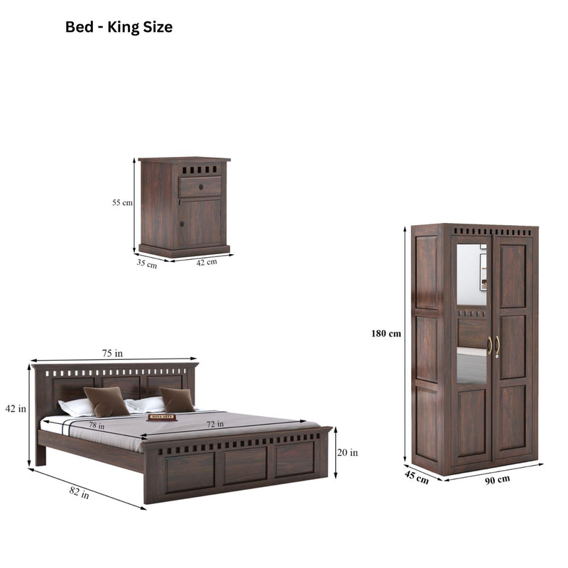 Kuber King Size Bed without Storage, Wardrobe & Two Bedside Tables - Walnut Finish