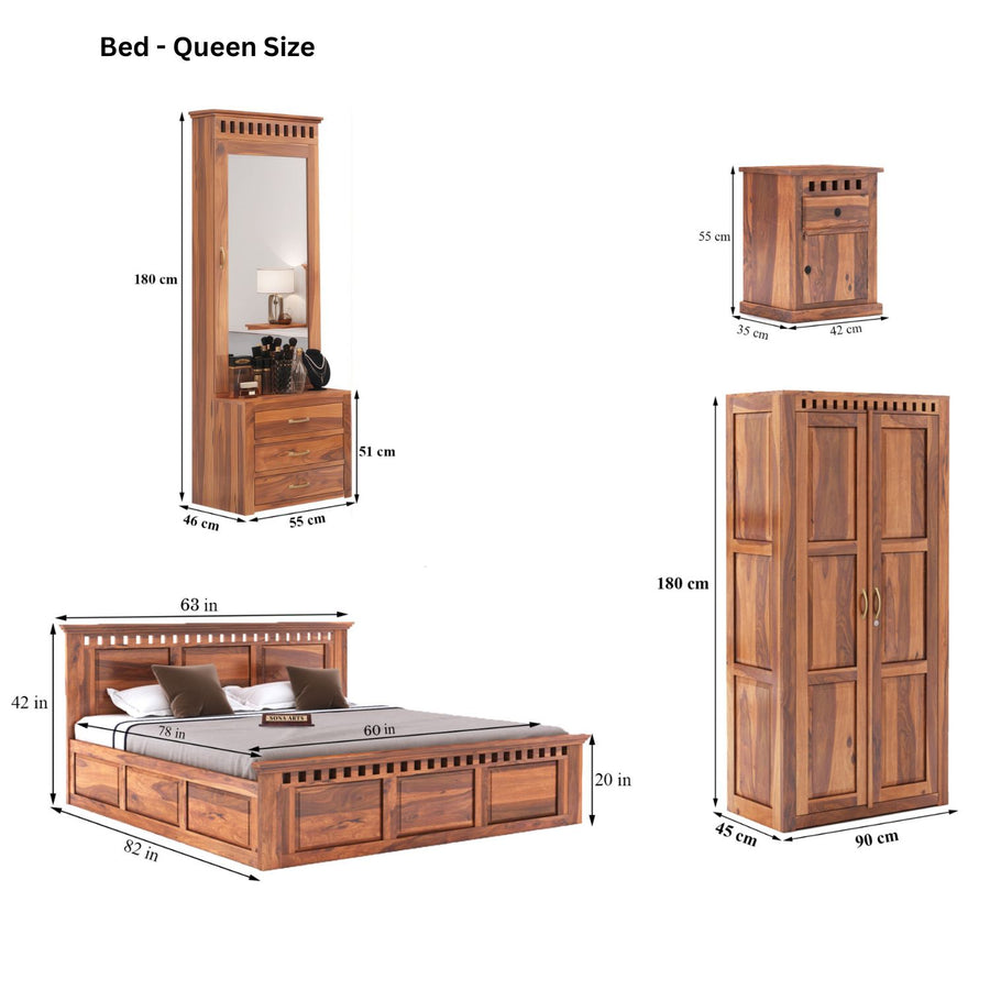 Kuber Queen Size Bed With Box Storage, Wardrobe, Dressing Table & Two Bedside Tables  - Natural Finish