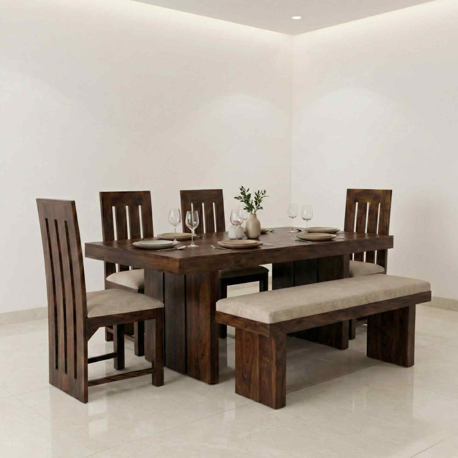 Poster Solid Sheesham Wood Dining Table Set 6 Seater, 4 Chair & 1 Bench Natural Finish - Walnut