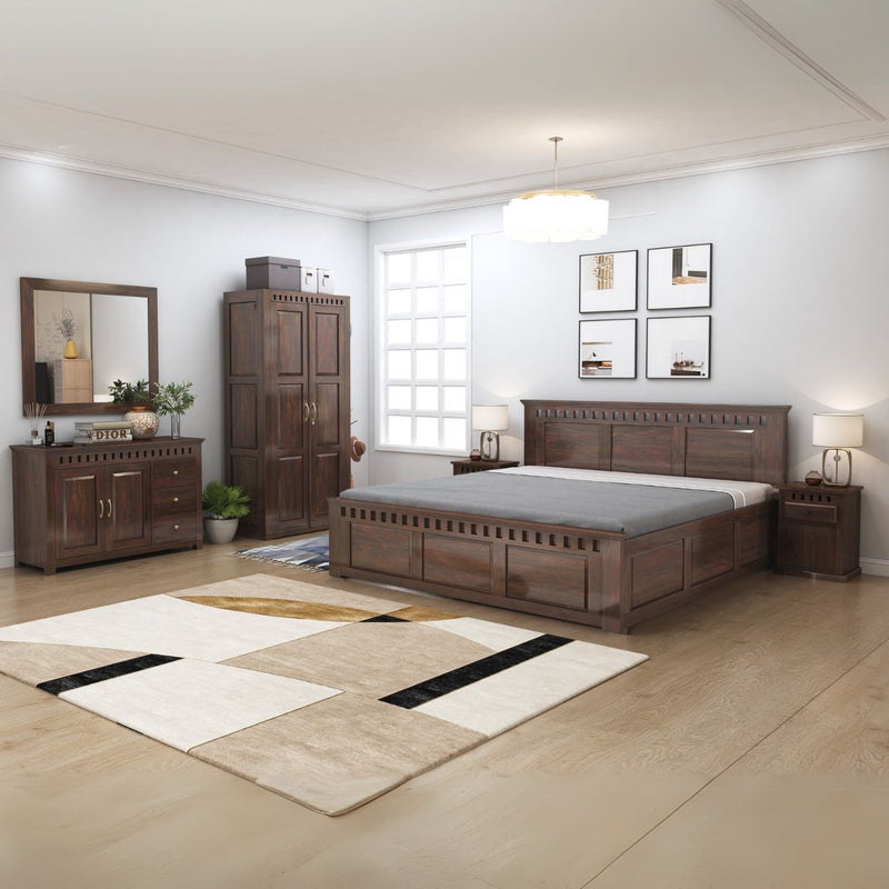 Kuber King Size Bed With Box Storage, Wardrobe, Chest of Drawer & Two Bedside Tables - Walnut Finish