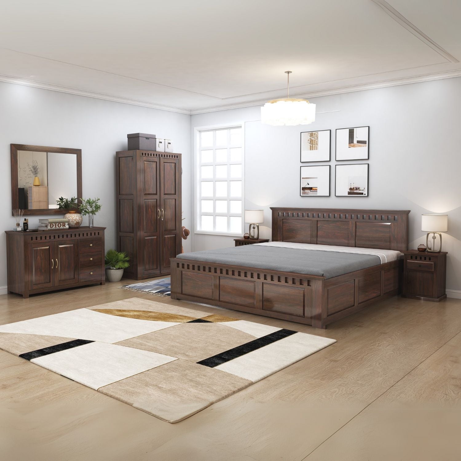 Kuber Queen Size Bed With Box Storage, Wardrobe, Chest of Drawer & Two Bedside Tables - Walnut Finish