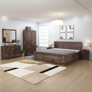 Kuber Queen Size Bed With Box Storage, Wardrobe, Chest of Drawer & Two Bedside Tables - Walnut Finish