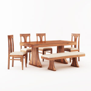 Betel Sheesham Wood Dining Table 6 Seater with Bench - Natural Finish