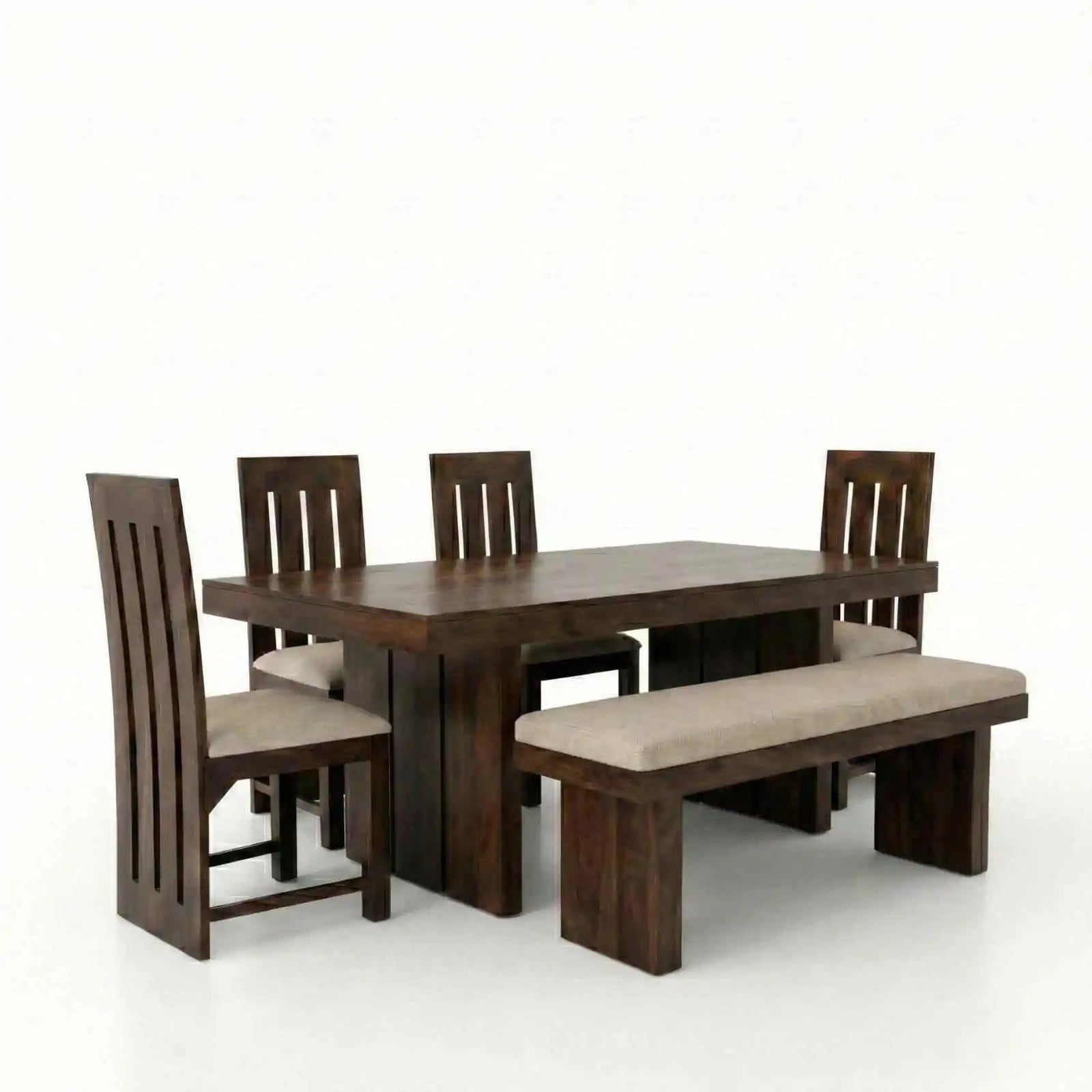 Poster Solid Sheesham Wood Dining Table Set 6 Seater, 4 Chair & 1 Bench Natural Finish - Walnut