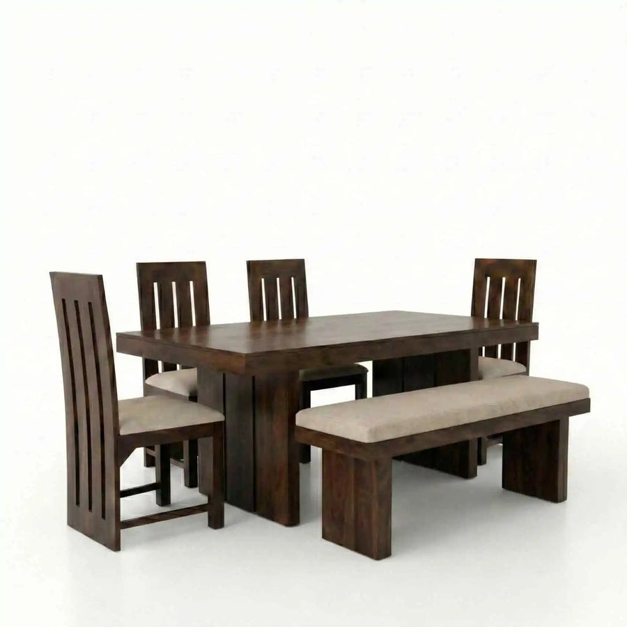 Poster Solid Sheesham Wood Dining Table Set 6 Seater, 4 Chair & 1 Bench Natural Finish - Walnut