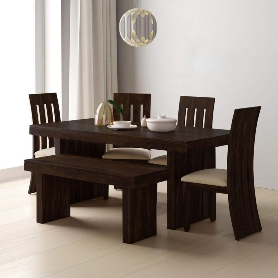 Wooden Dining Table Set 6 Seater 1 Bench with Cushion Chair  Finish - Walnut