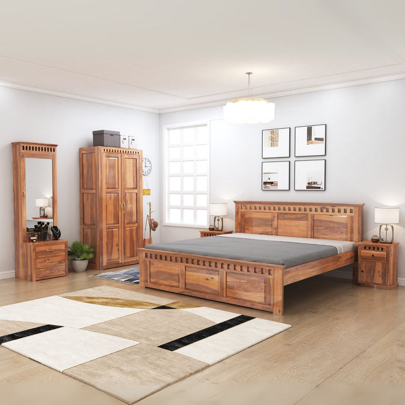 Kuber King Size Bed without Storage, Wardrobe, Dressing Table & Two Bedside Tables  - Natural Finish