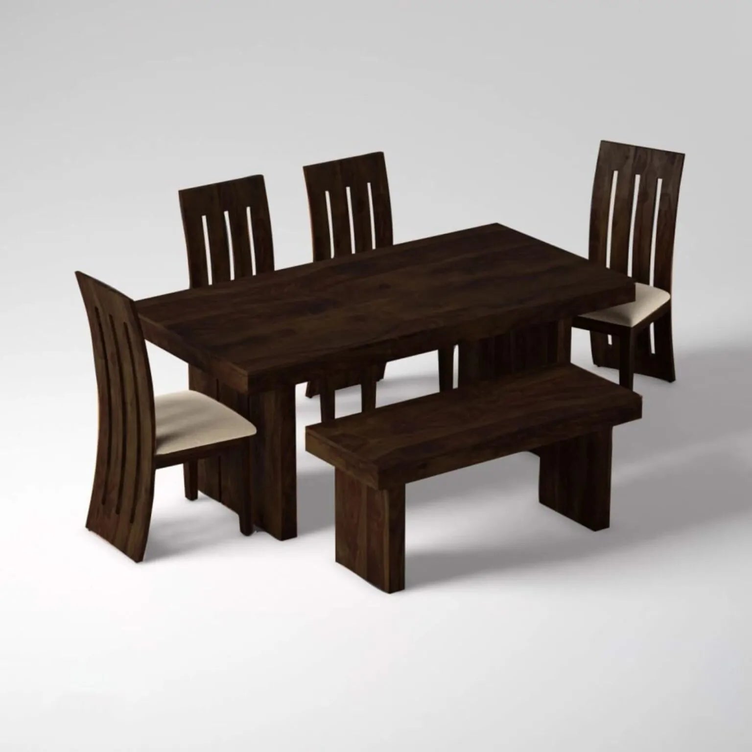 Wooden Dining Table Set 6 Seater 1 Bench with Cushion Chair  Finish - Walnut