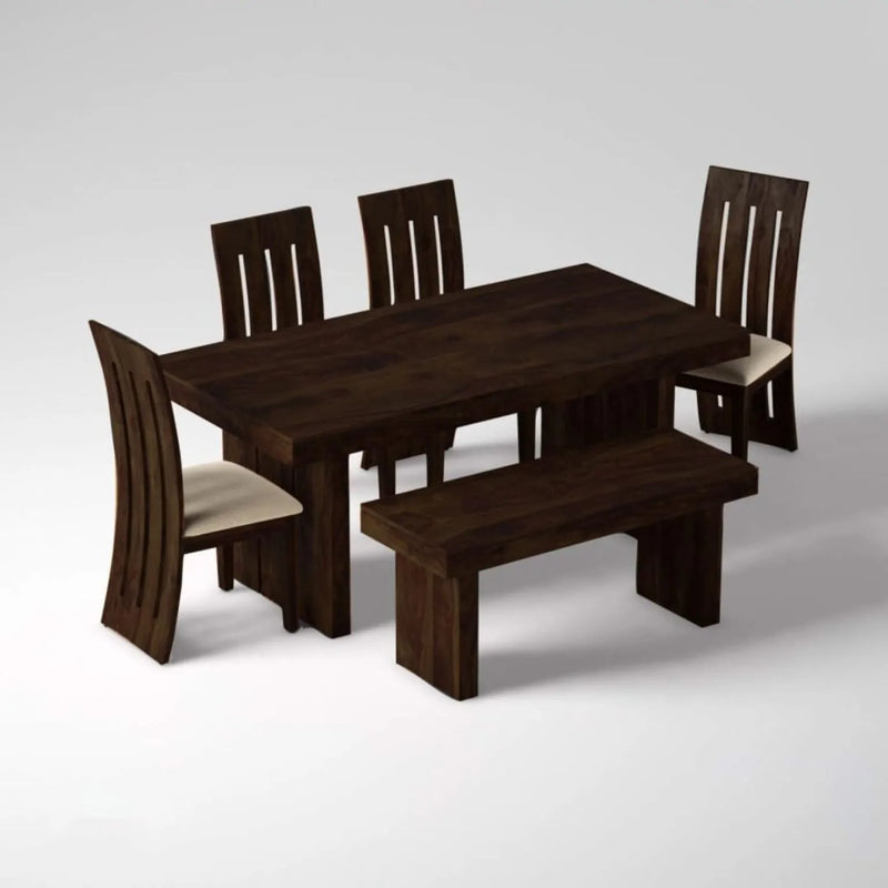 Wooden Dining Table Set 6 Seater 1 Bench with Cushion Chair  Finish - Walnut