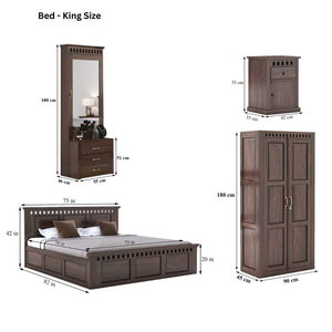 Kuber King Size Bed With Box Storage, Wardrobe, Dressing Table & Two Bedside Tables  - Walnut Finish