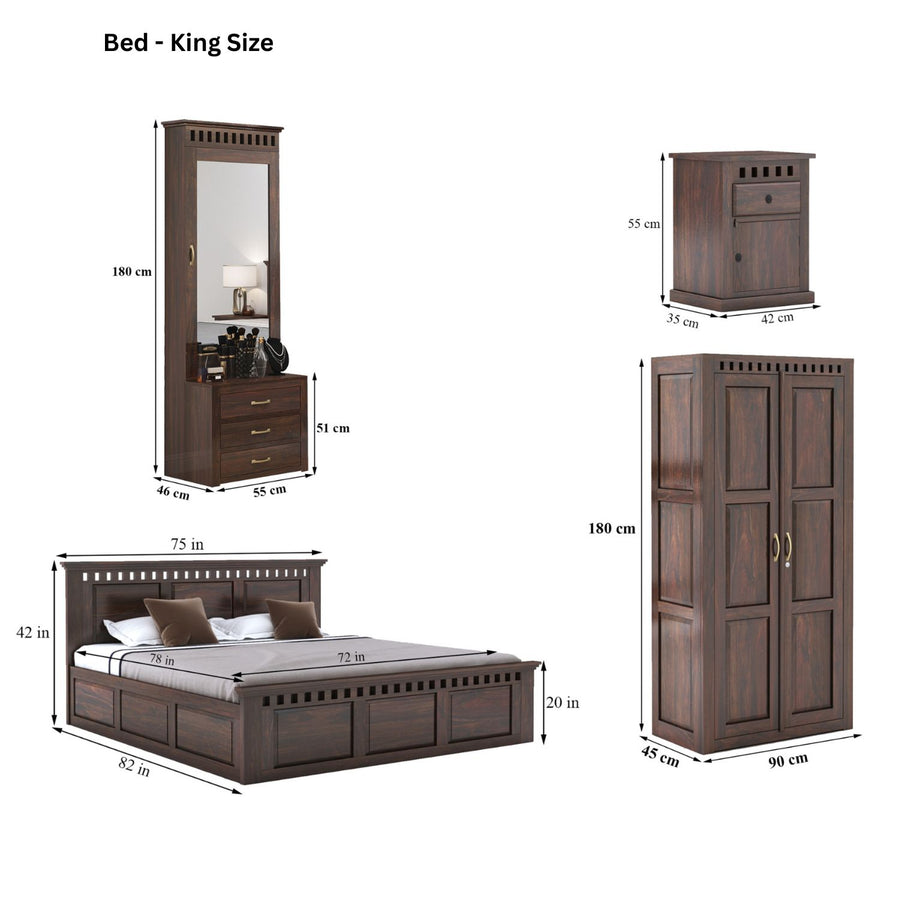 Kuber King Size Bed With Box Storage, Wardrobe, Dressing Table & Two Bedside Tables  - Walnut Finish