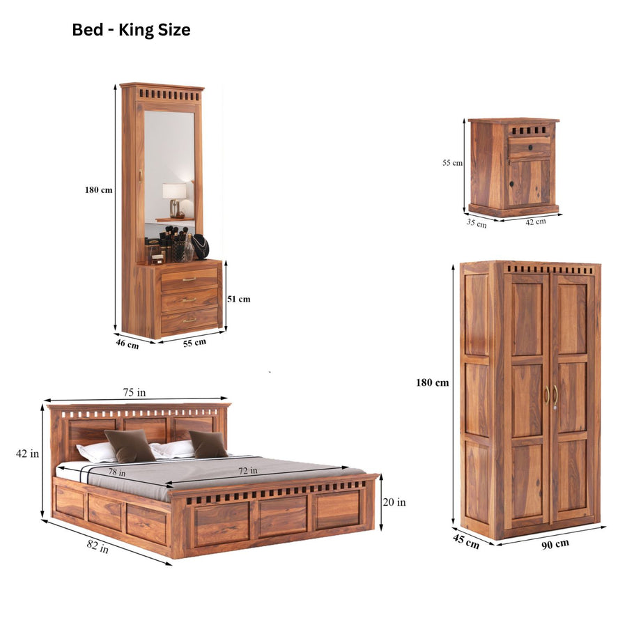 Kuber King Size Bed With Box Storage, Wardrobe, Dressing Table & Two Bedside Tables  - Natural Finish