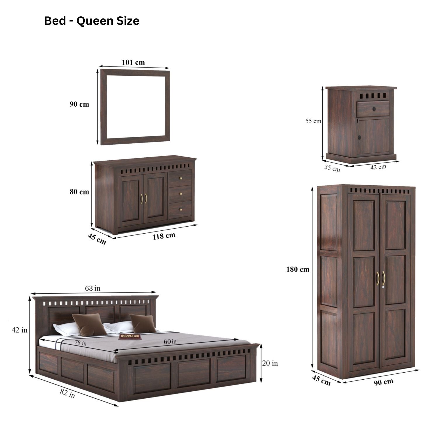Kuber Queen Size Bed With Box Storage, Wardrobe, Chest of Drawer & Two Bedside Tables - Walnut Finish