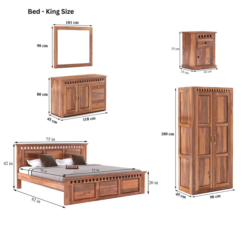Kuber King Size Bed without Storage, Wardrobe, Chest of Drawer & Two Bedside Tables - Natural Finish