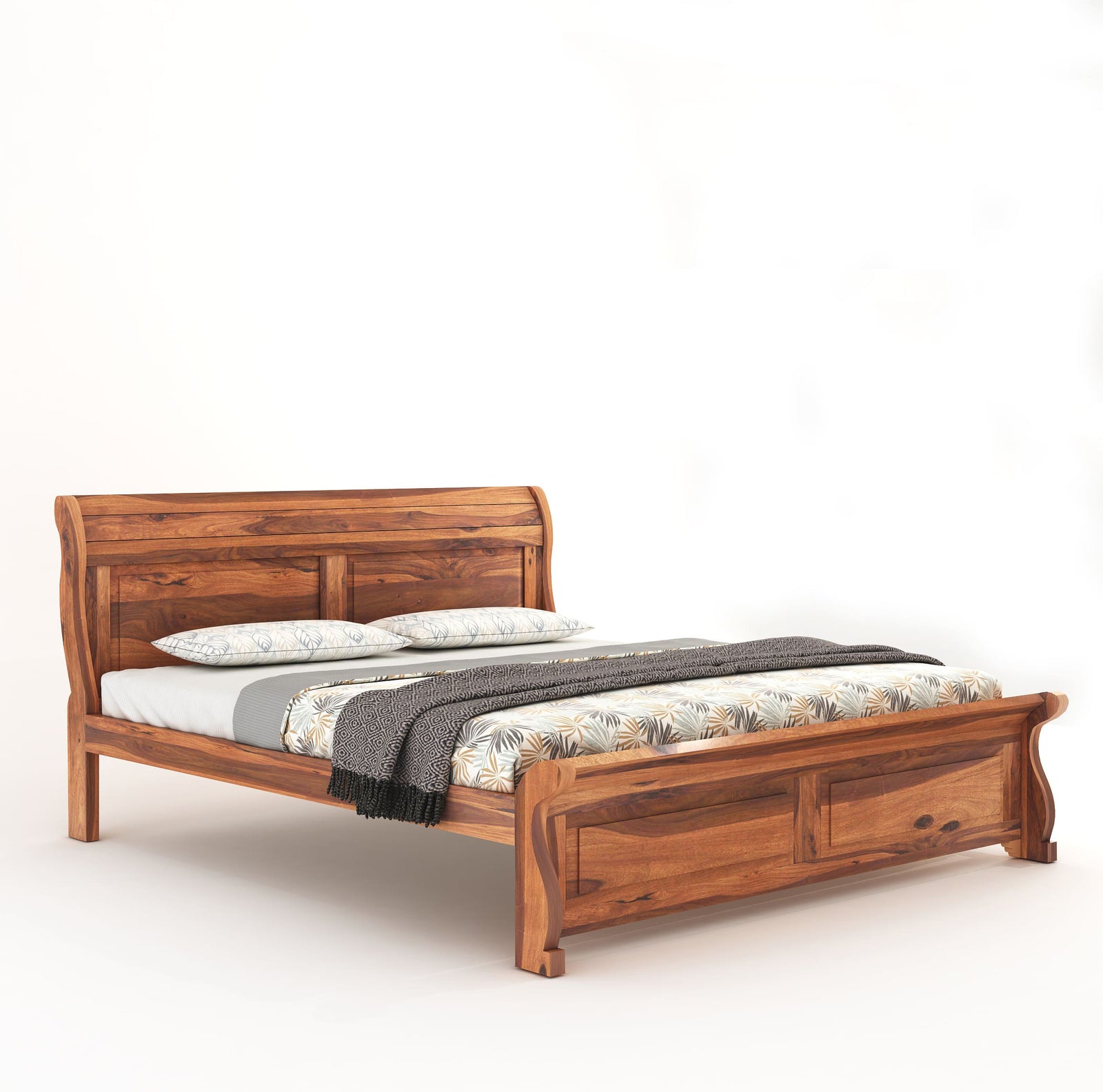 Curve Solid Sheesham Wood Queen Size Bed without Storage - Natural Finish
