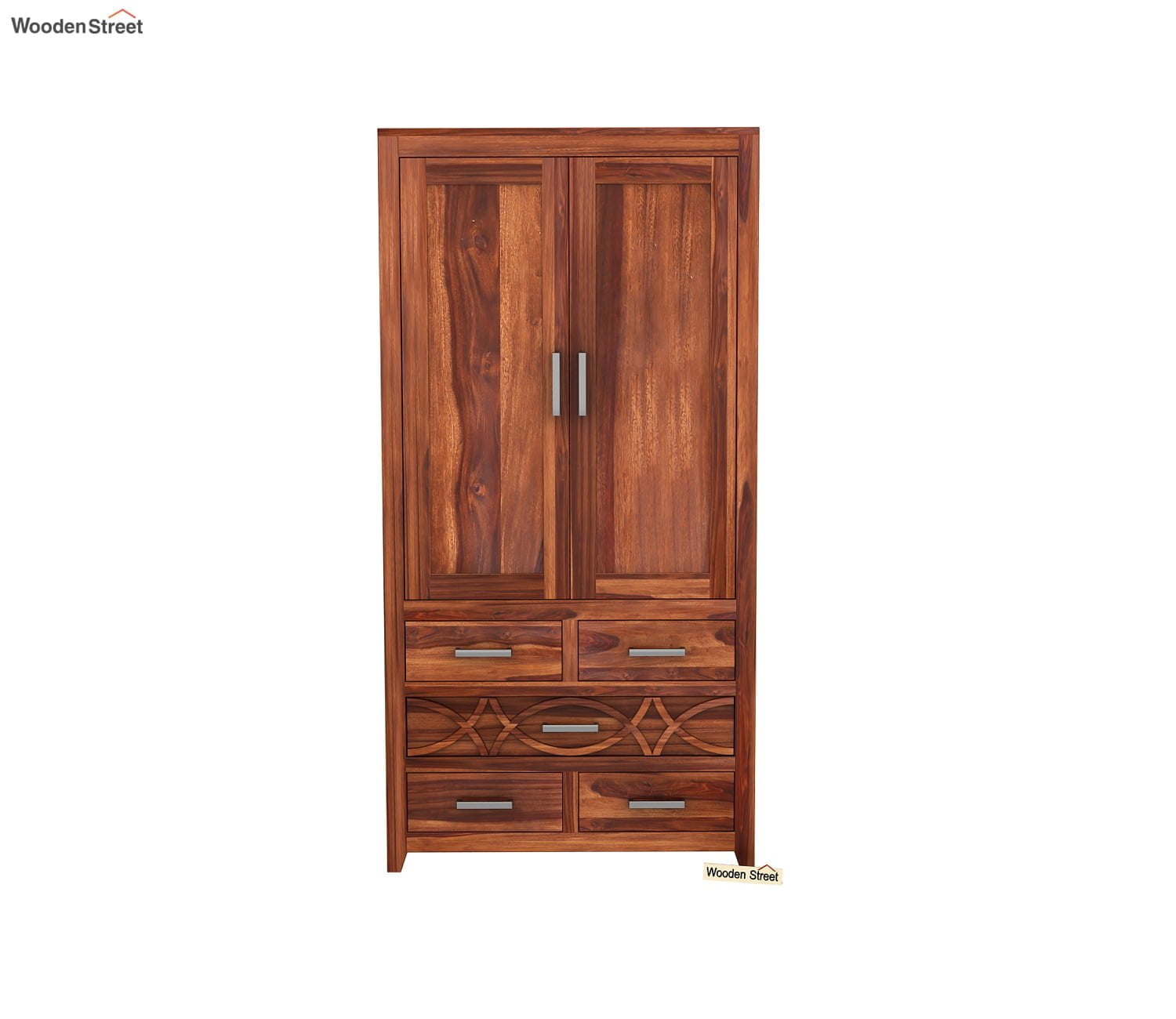 CNC Solid Sheesham Wood 2 Door Wardrobe with 5 Drawers Storage - Natural Finish