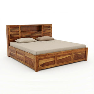 Urban Solid Sheesham Wood King Size Bed with Storage Box  Finish - Natural