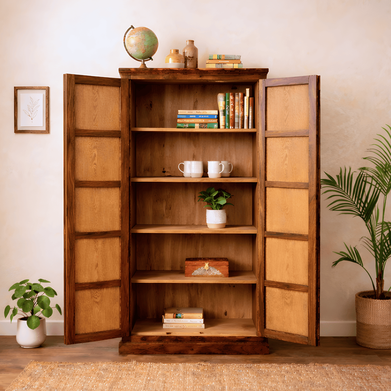Boho Sheesham Wooden Crockery Cabinet Bookshelf with Door Natural