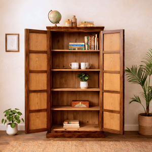 Boho Sheesham Wooden Crockery Cabinet Bookshelf with Door Natural