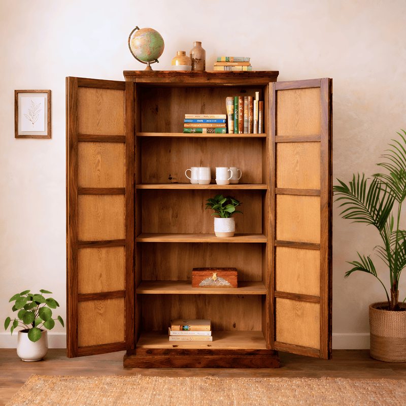 Boho Sheesham Wooden Crockery Cabinet Bookshelf with Door Natural