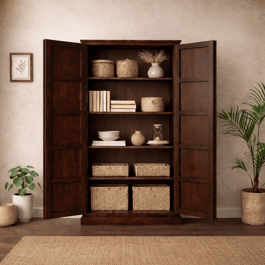 Boho Sheesham Wooden Crockery Cabinet Bookshelf with Door Walnut
