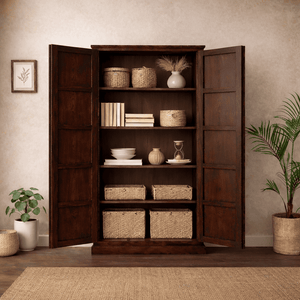 Boho Sheesham Wooden Crockery Cabinet Bookshelf with Door Walnut