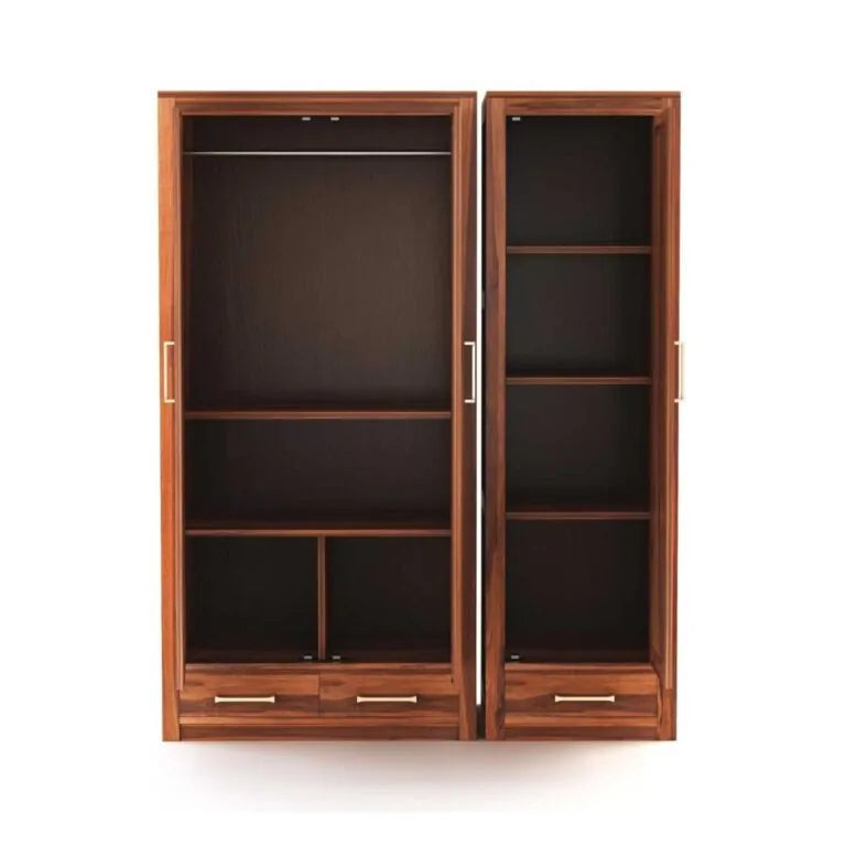 Sheesham Wood 3 Door Wardrobe with 3 Drawers Storage Finish  - Natural