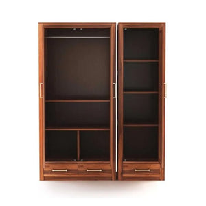 Sheesham Wood 3 Door Wardrobe with 3 Drawers Storage Finish  - Natural