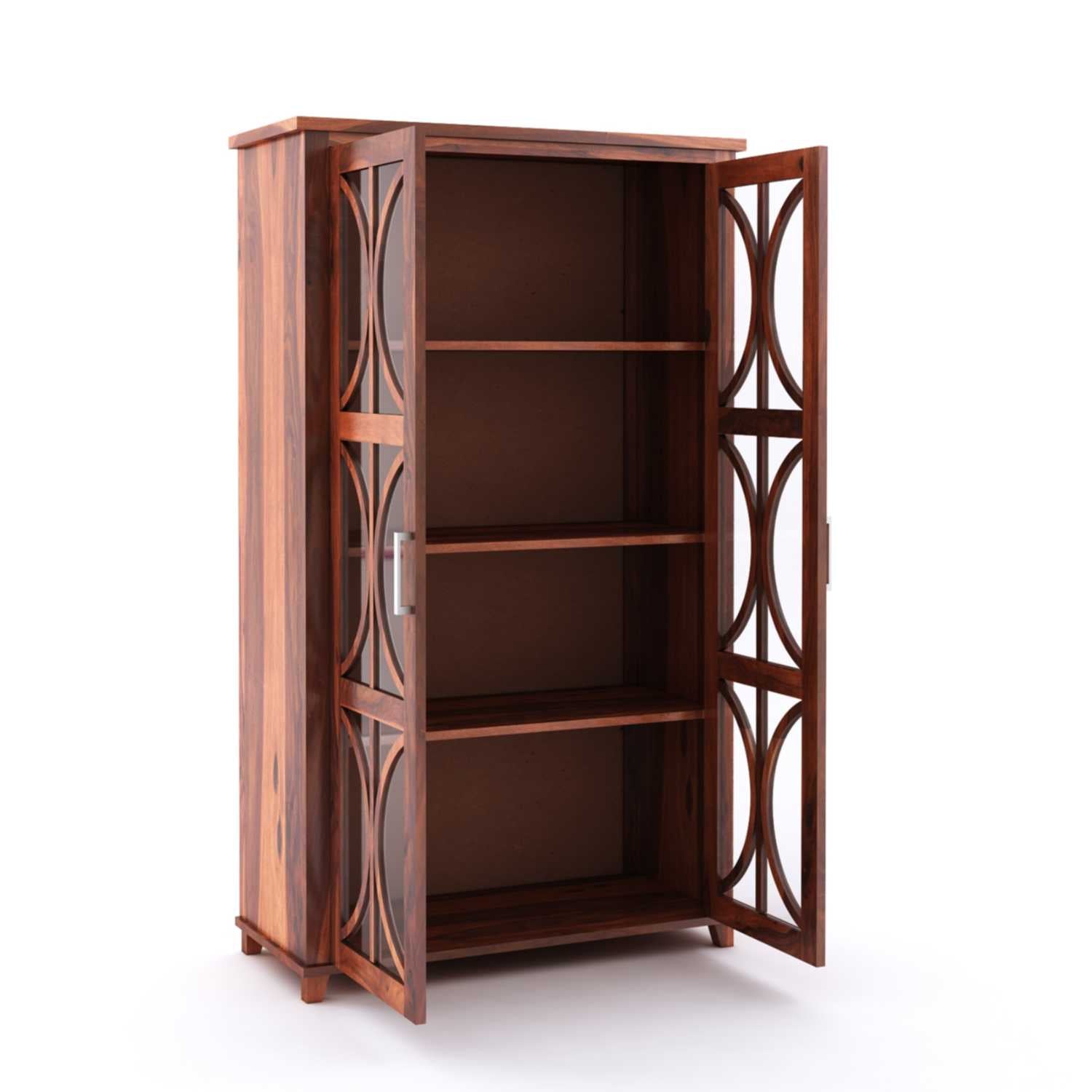 Cross X Bookshelf Cabinet with Glass Door for Kitchen & Living Room - Natural Finish