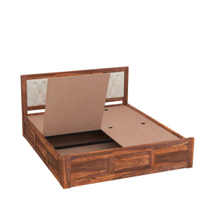 Zeus Solid Sheesham Wood Upholstered Bed King Size with Box Storage - Natural Finish
