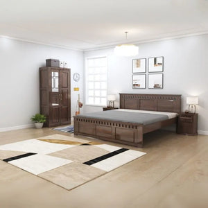 Kuber Queen Size Bed without Storage, Wardrobe & Two Bedside Tables - Walnut Finish