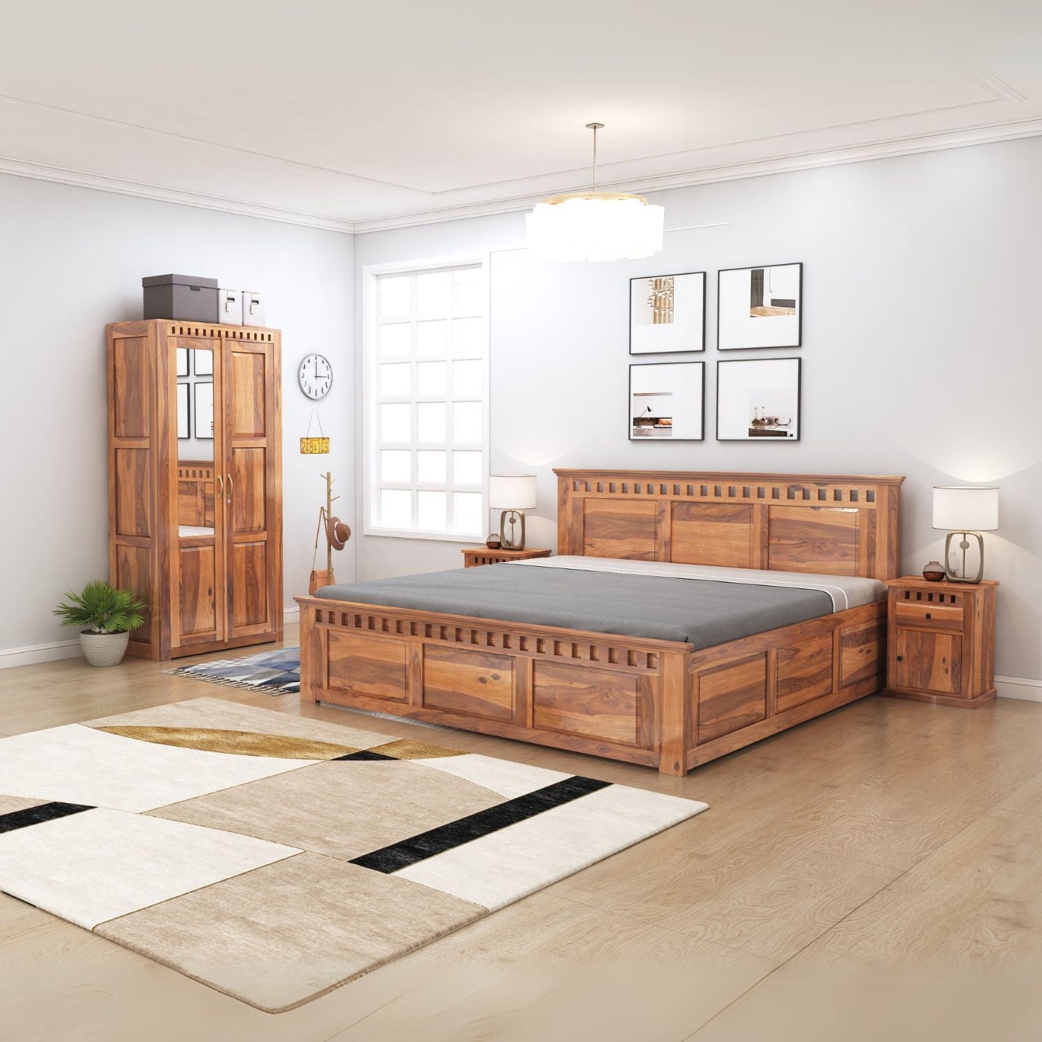 Kuber Queen Size Bed With Box Storage, Wardrobe & Two Bedside Tables - Natural Finish