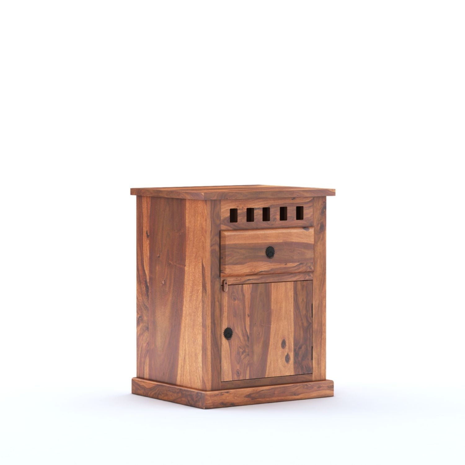 Kuber Queen Size Bed With Box Storage, Wardrobe, Dressing Table & Two Bedside Tables  - Natural Finish
