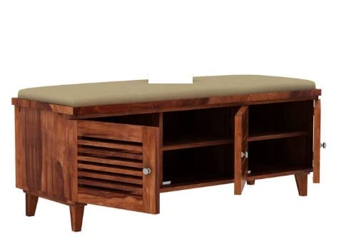 Sheesham Wooden Shoe Rack for Home with Door Storage and Cushion Seating Drawer | Multipurpose Cabinets for Living Room Home | Natural Teak Finish