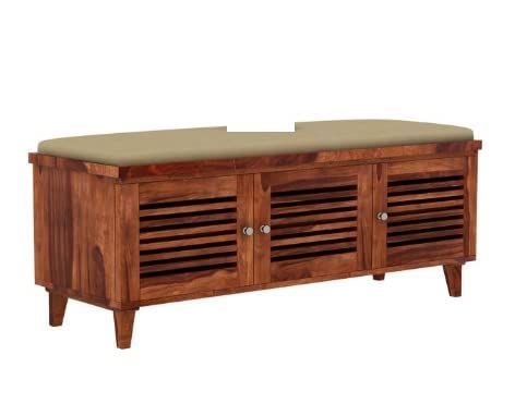 Sheesham Wooden Shoe Rack for Home with Door Storage and Cushion Seating Drawer | Multipurpose Cabinets for Living Room Home | Natural Teak Finish