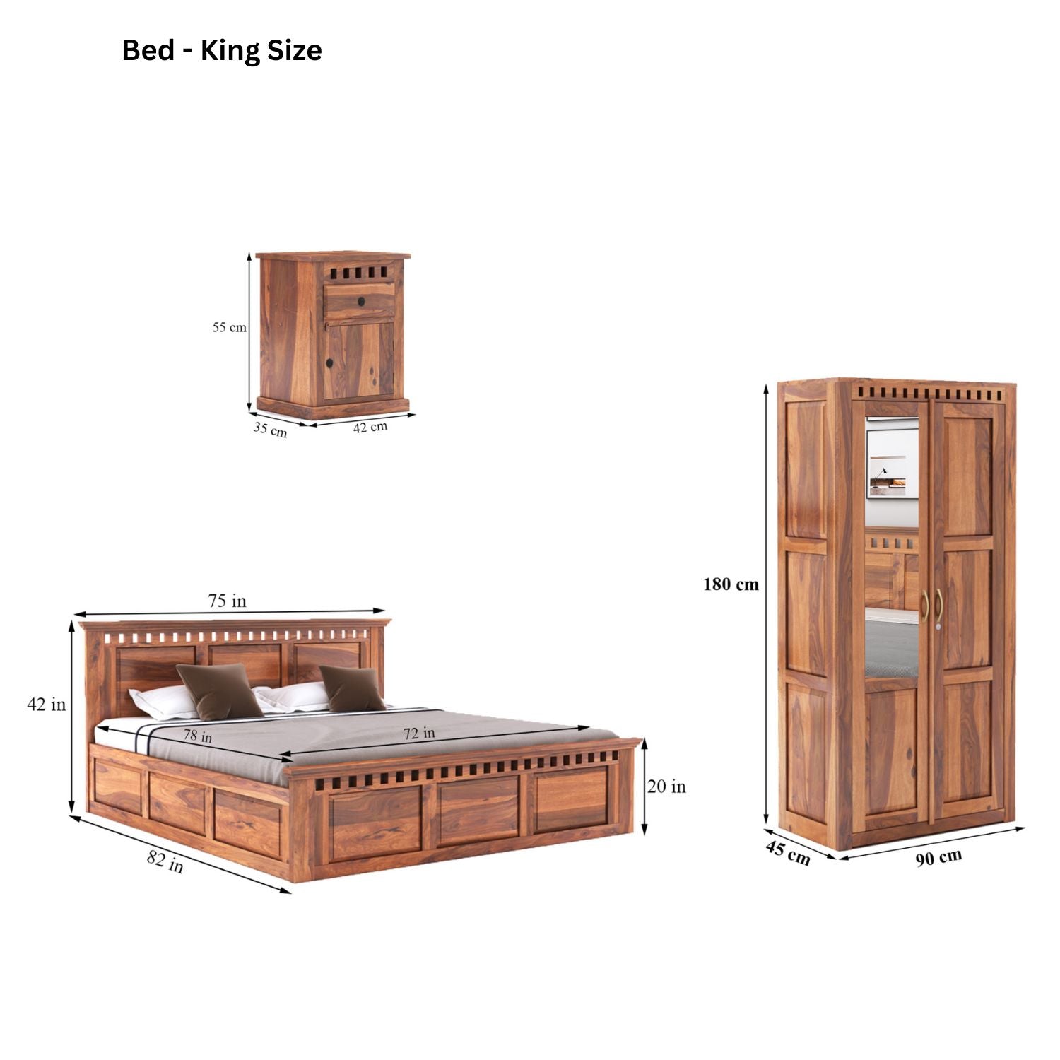 Kuber King Size Bed With Box Storage, Wardrobe & Two Bedside Tables - Natural Finish