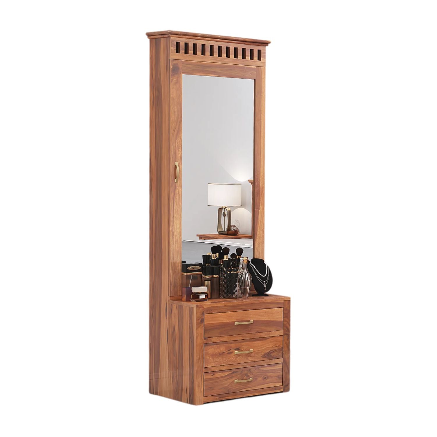 Kuber Queen Size Bed without Storage, Wardrobe, Dressing Table & Two Bedside Tables  - Natural Finish