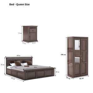 Kuber Queen Size Bed With Box Storage, Wardrobe & Two Bedside Tables - Walnut Finish