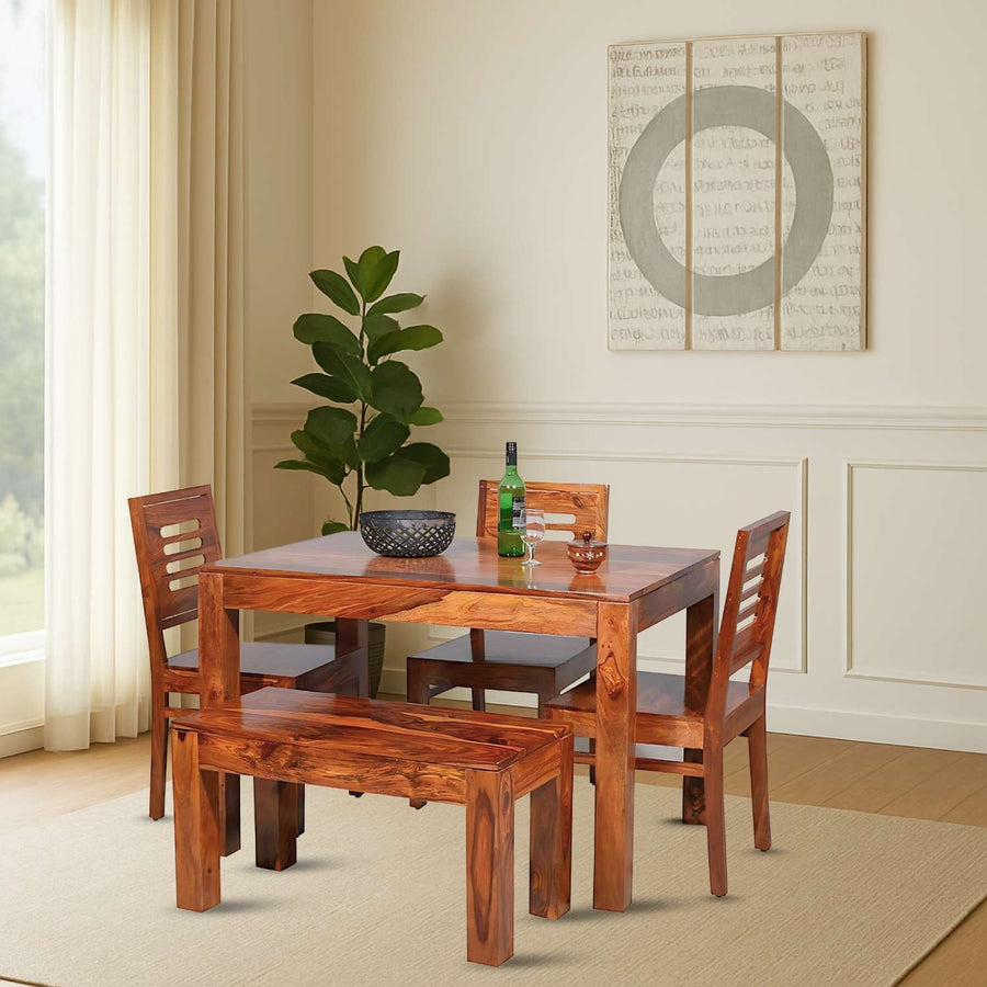 Solid Sheesham Wood Dining Table With 3 Chair & 1 Bench  Finish - Natural