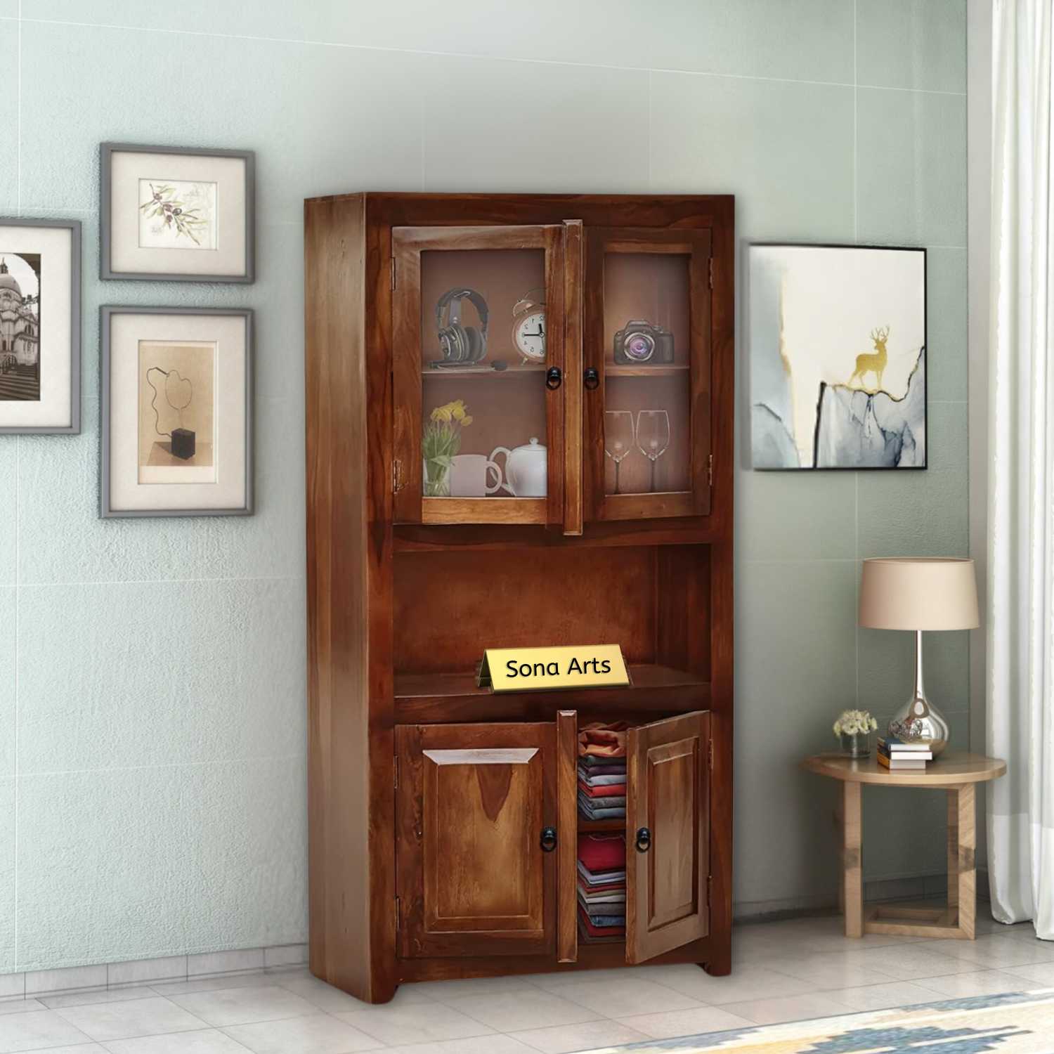4 Door Sheesham Wood Bookshelf & Crockery Cabinet Natural Brown Finish