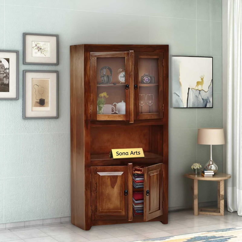 4 Door Sheesham Wood Bookshelf & Crockery Cabinet Natural Brown Finish