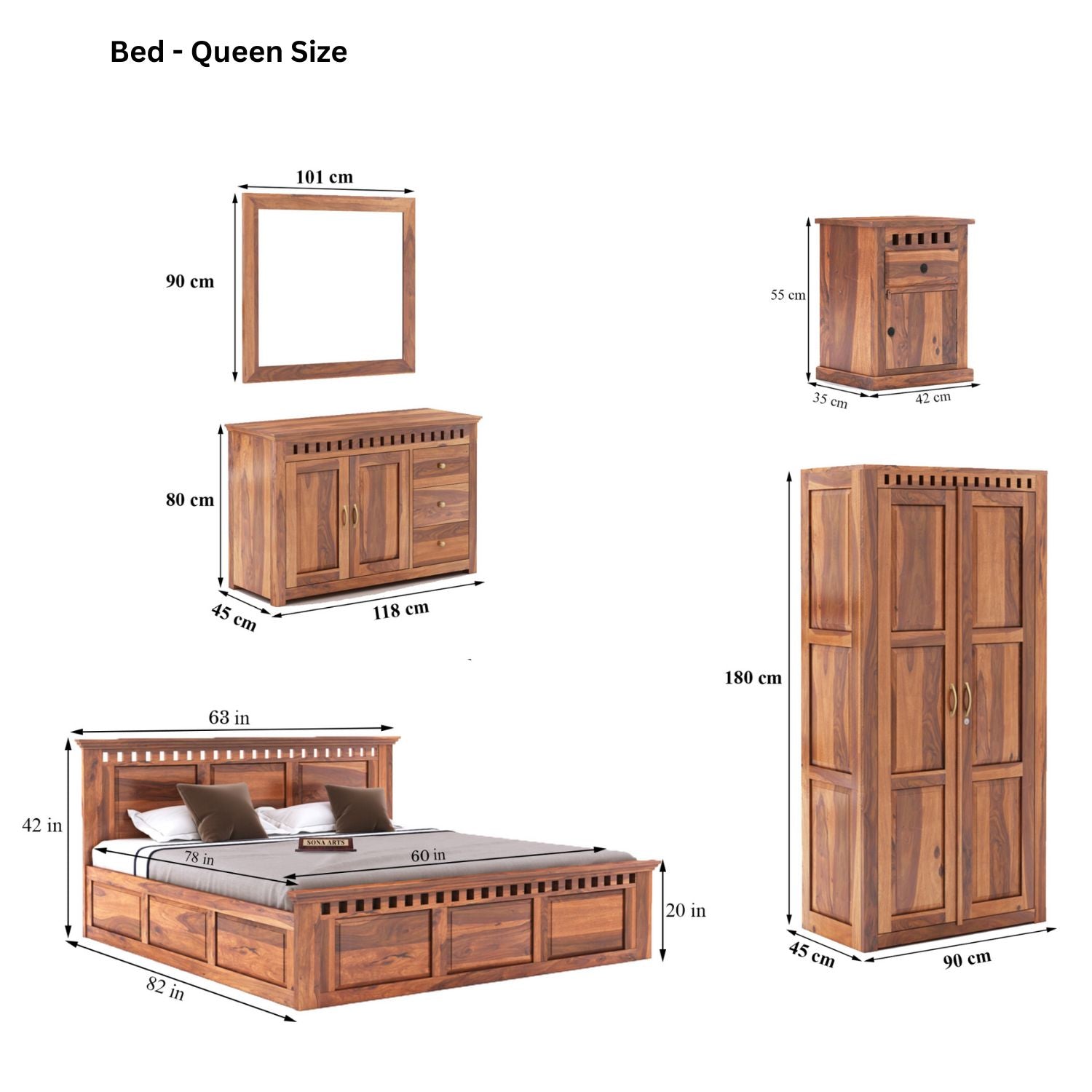 Kuber Queen Size Bed With Box Storage, Wardrobe, Chest of Drawer & Two Bedside Tables - Natural Finish