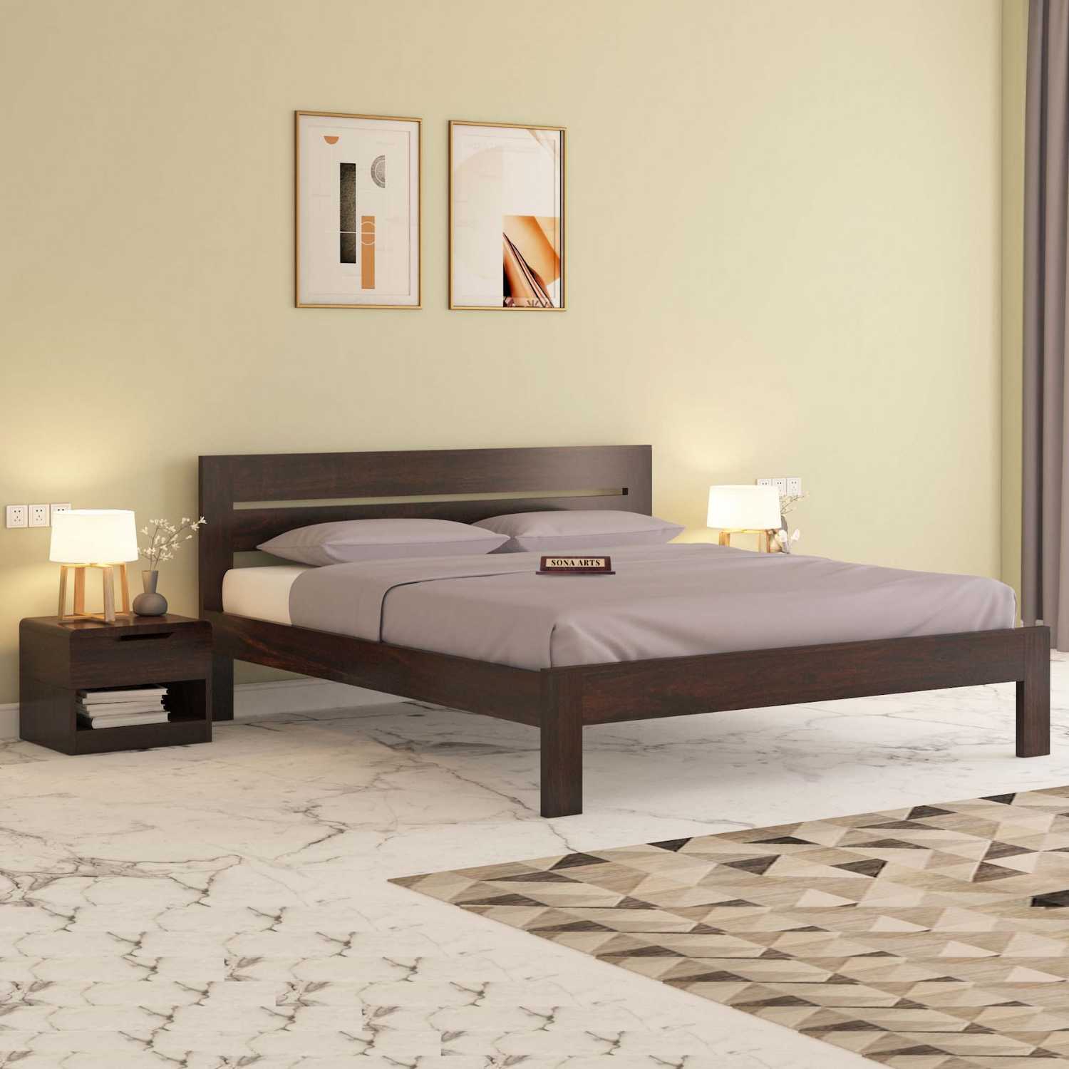 Eros Queen Size Bed Without Storage for Bedroom - Walnut Finish