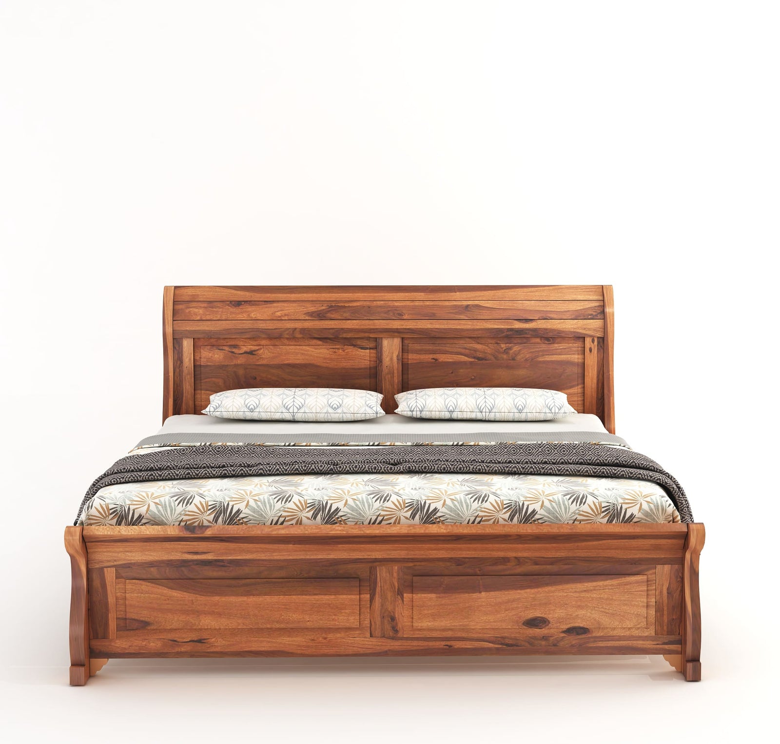 Curve Solid Sheesham Wood Queen Size Bed without Storage - Natural Finish