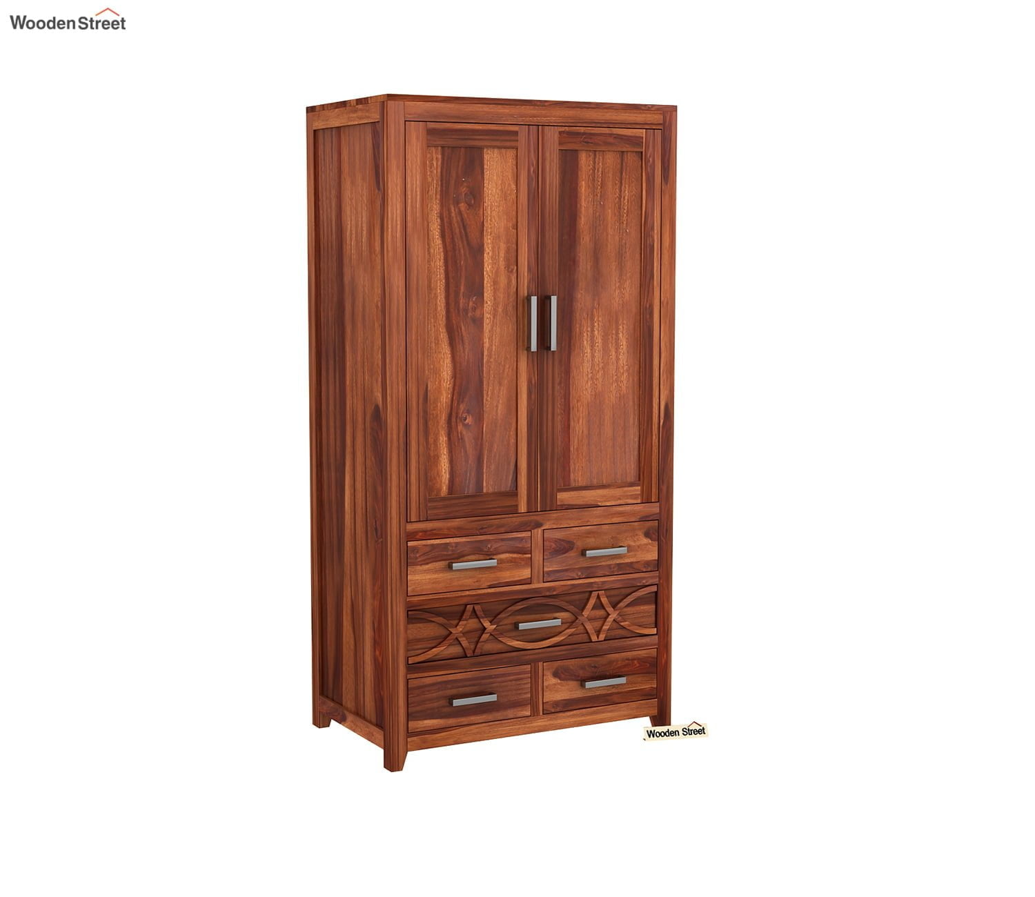 CNC Solid Sheesham Wood 2 Door Wardrobe with 5 Drawers Storage - Natural Finish